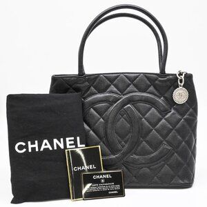 CHANEL Black Caviar Leather Logo Tote Bag